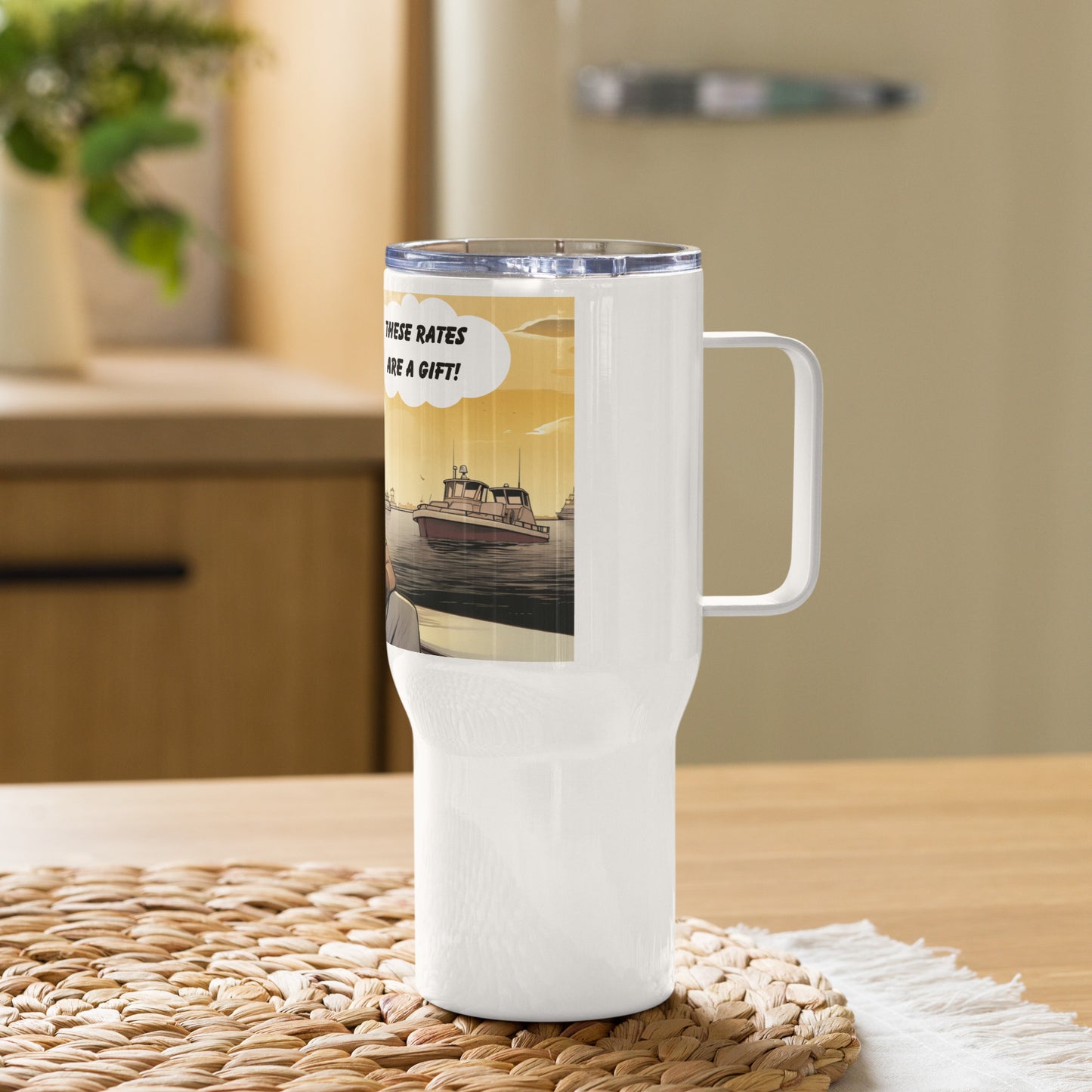 These rates are a gift: Travel mug with a handle